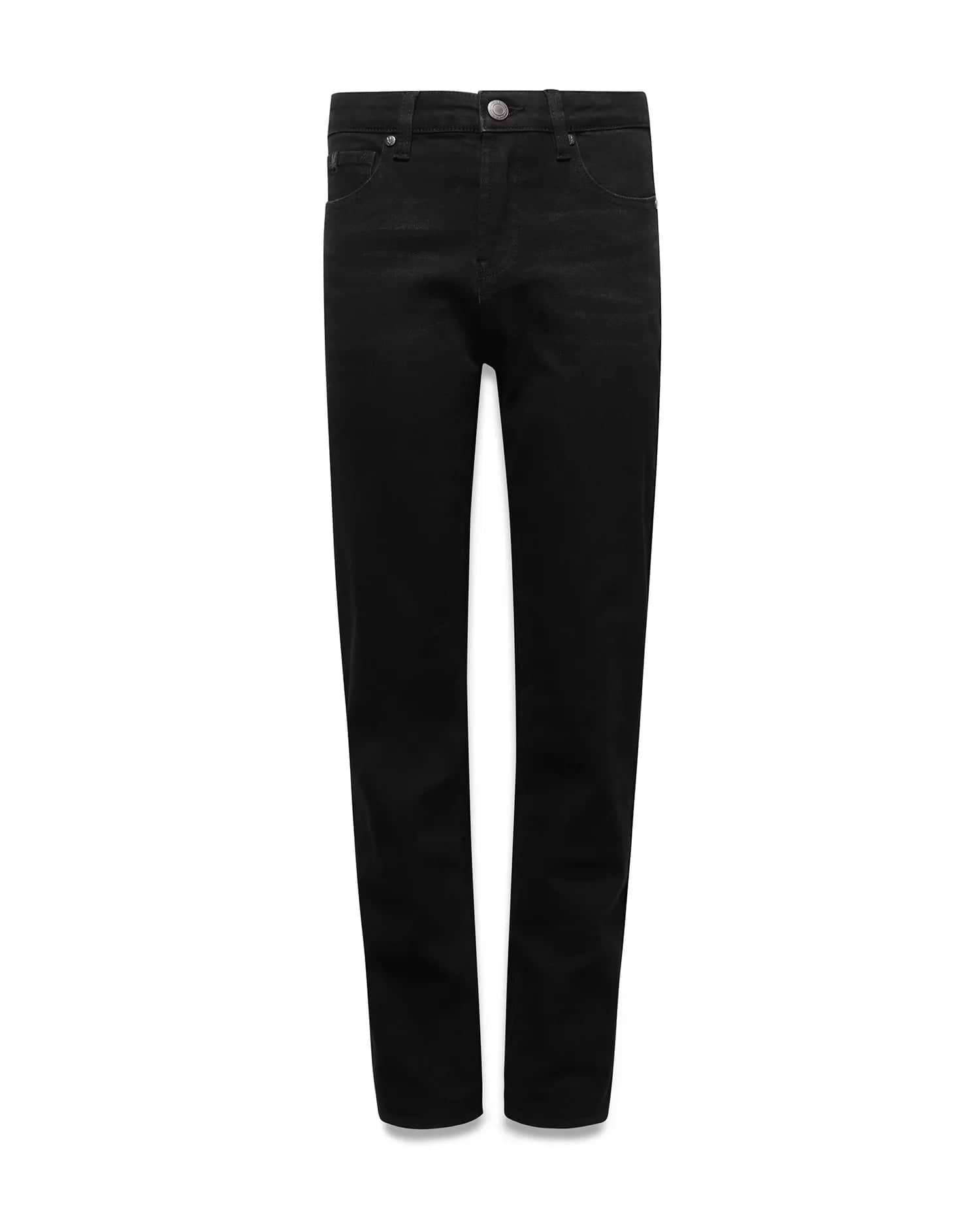 Kids Emerson Denim Pant, classic straight fit, black washed denim with subtle fading and tonal stitching, featuring a traditional five-pocket design and a metallic button closure, embodying refined streetwear style.