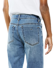 Kids Emerson Denim Pant, light blue classic fit denim with faded wash, brown contrast stitching, and a small embroidered horizontal bar on the right back pocket. (4)