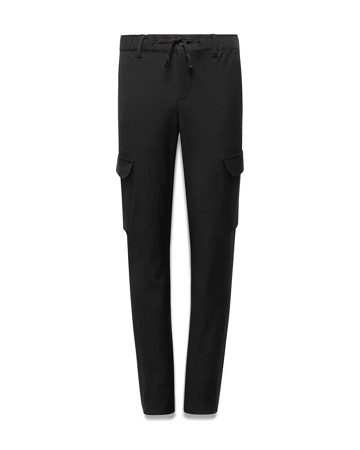 Black Kids Luka Cargo Pant with a relaxed fit, featuring side cargo pockets and an elasticated waist with an orange and brown speckled drawstring, made from smooth woven fabric. (5)