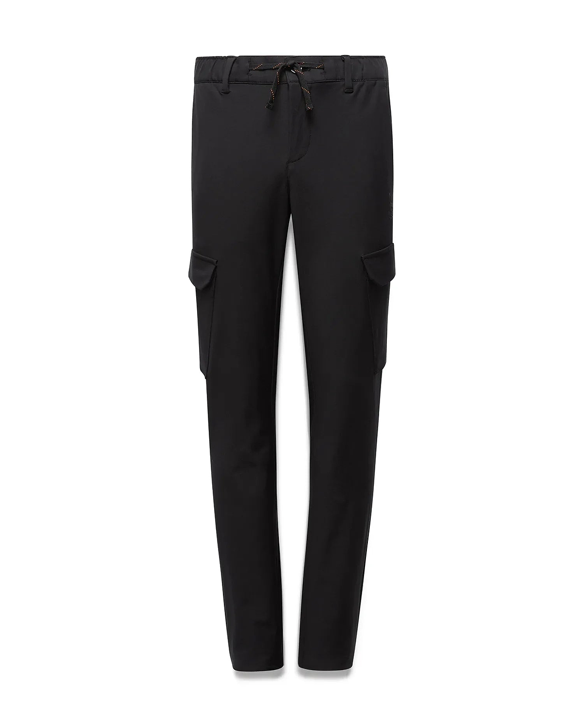 Black Kids Luka Cargo Pant with a relaxed fit, featuring side cargo pockets and an elasticated waist with an orange and brown speckled drawstring, made from smooth woven fabric. (5)