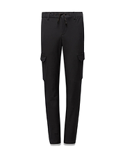 Black Kids Luka Cargo Pant with a relaxed fit, featuring side cargo pockets and an elasticated waist with an orange and brown speckled drawstring, made from smooth woven fabric. (5)