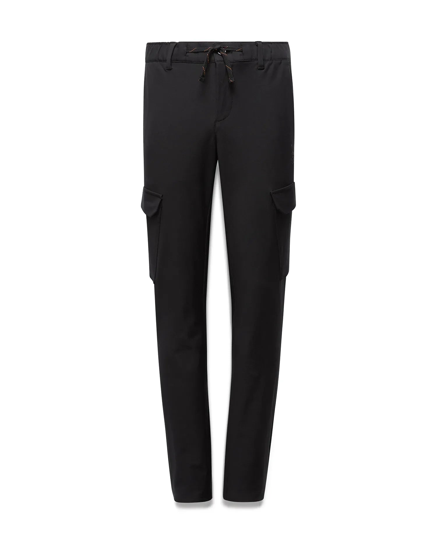 Black Kids Luka Cargo Pant with a relaxed fit, featuring side cargo pockets and an elasticated waist with an orange and brown speckled drawstring, made from smooth woven fabric. (5)