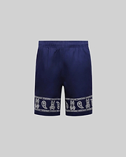 Kids Luke Tencel Short in navy blue with a white bandana-style print featuring repeated Psycho Bunny skull logos and paisley patterns along the hem.