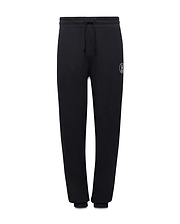 Kids Nathaniel Sweatpant, black french terry, relaxed fit sweatpant with drawstring waist, ribbed cuffs, and a small white embroidered Psycho Bunny skull logo on the left thigh.