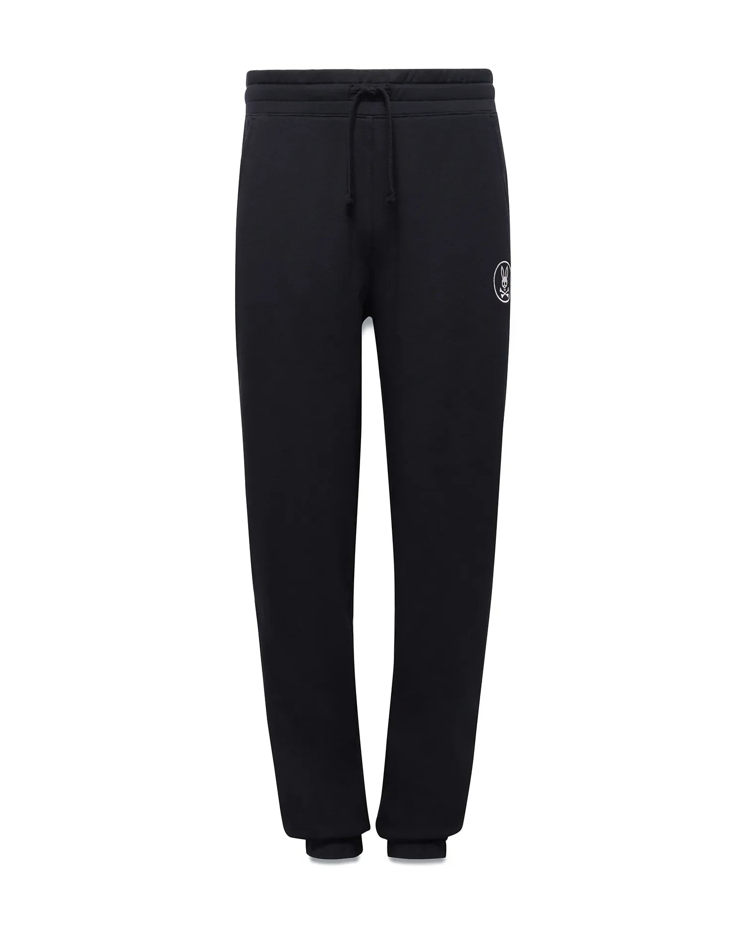 Kids Nathaniel Sweatpant, black french terry, relaxed fit sweatpant with drawstring waist, ribbed cuffs, and a small white embroidered Psycho Bunny skull logo on the left thigh.
