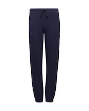 Kids Darcy Sweatpant in navy, featuring a relaxed fit, smooth jersey knit, drawstring waist, and a small, multi-color embroidered Psycho Bunny skull logo on the upper right thigh.
