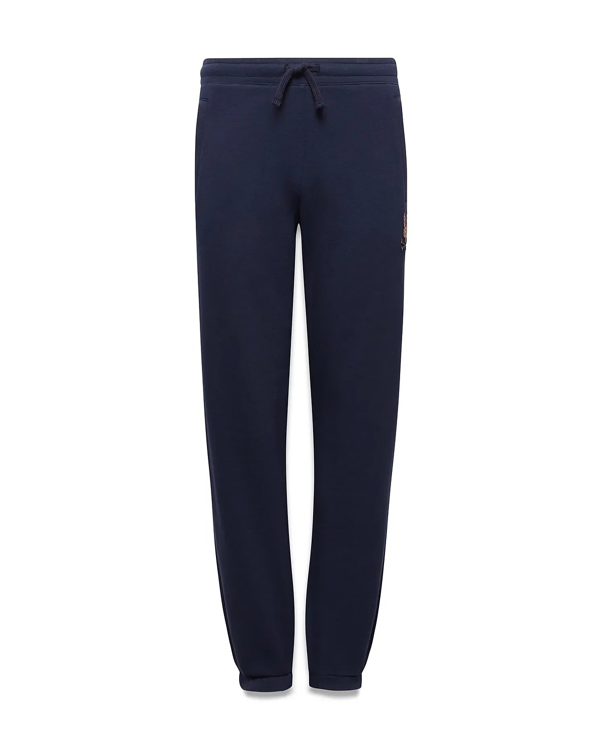 Kids Darcy Sweatpant in navy, featuring a relaxed fit, smooth jersey knit, drawstring waist, and a small, multi-color embroidered Psycho Bunny skull logo on the upper right thigh.