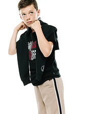 Black jersey t-shirt with large red, white, and black Psycho Bunny skull graphic on back, paired with Kids Ty French Terry Sweatpant in khaki featuring a dark blue and white side stripe and embroidered Psycho Bunny logo on the left thigh.