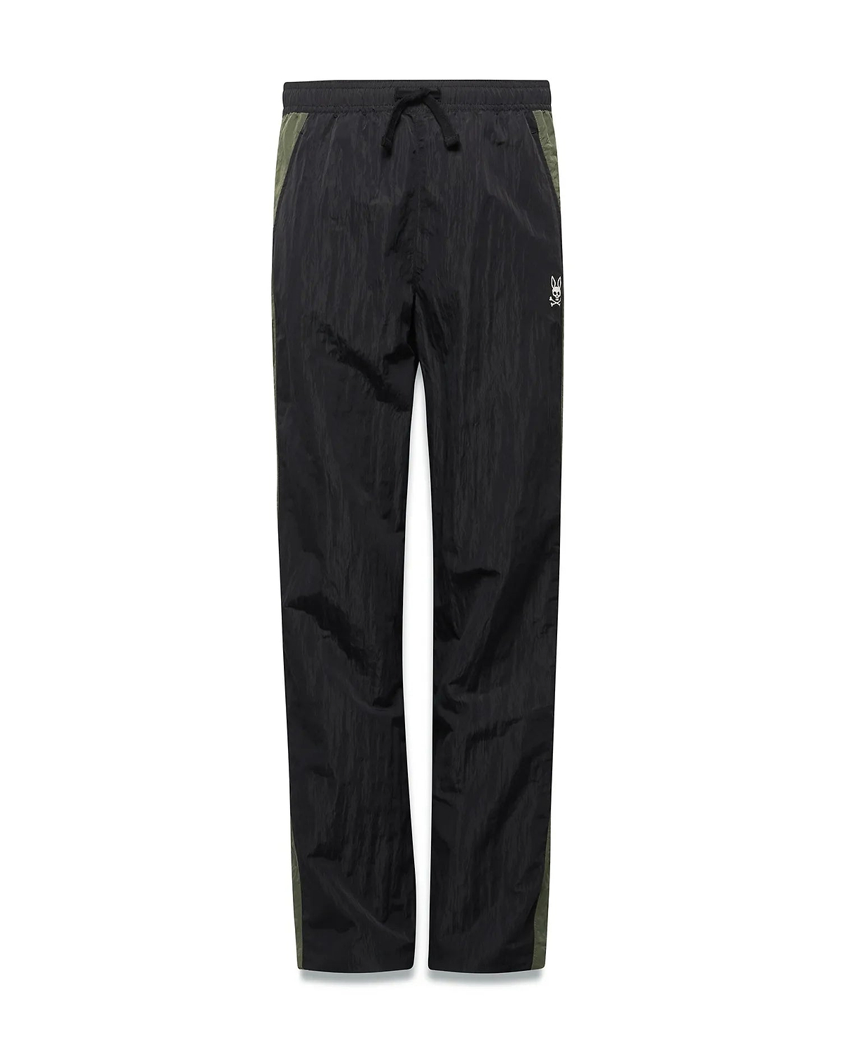Kids Alder Nylon Colorblock Pant in black crinkled nylon with olive green side panels, featuring a relaxed fit and a small white Psycho Bunny skull logo on the right hip. (5)