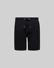 Kids Dustin Sweatshort in black, featuring a relaxed fit, textured knit fabric with an embossed geometric pattern, and an elastic drawstring waist with silver-tipped aglets. (5)