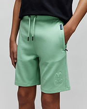 Kids Barry Modal Short in mint green, featuring a relaxed fit, soft modal fabric, drawstring waist, and a large embroidered Psycho Bunny skull logo on the left leg, plus a small navy brand tag. (2)