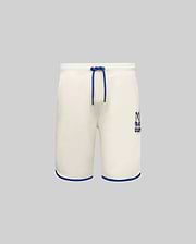 Kids Toby Short, cream relaxed fit French terry shorts with royal blue drawstring, embroidered Psycho Bunny skull logo on right thigh, and royal blue hem trim.