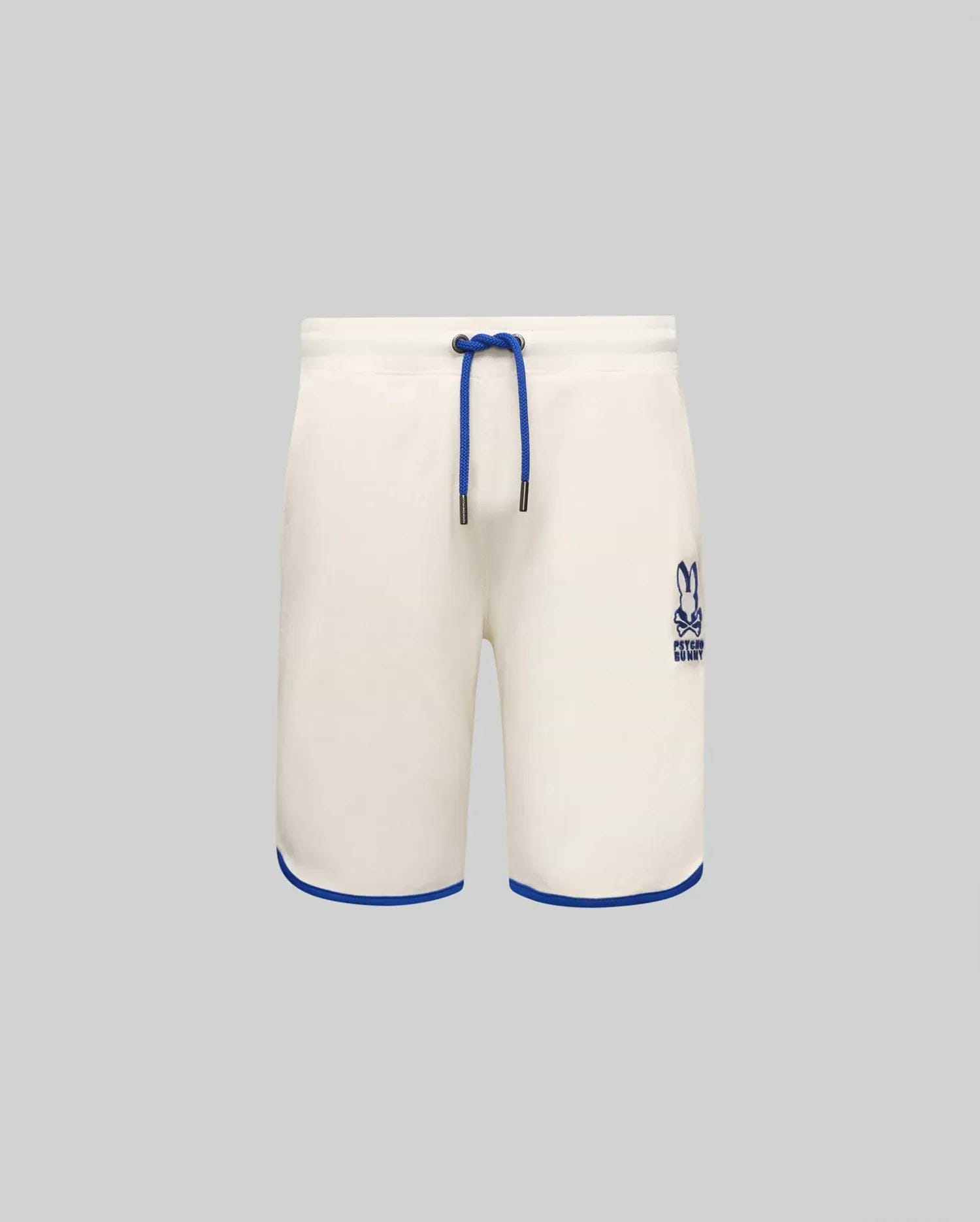 Kids Toby Short, cream relaxed fit French terry shorts with royal blue drawstring, embroidered Psycho Bunny skull logo on right thigh, and royal blue hem trim.