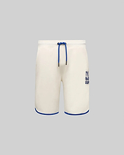 Kids Toby Short, cream relaxed fit French terry shorts with royal blue drawstring, embroidered Psycho Bunny skull logo on right thigh, and royal blue hem trim.