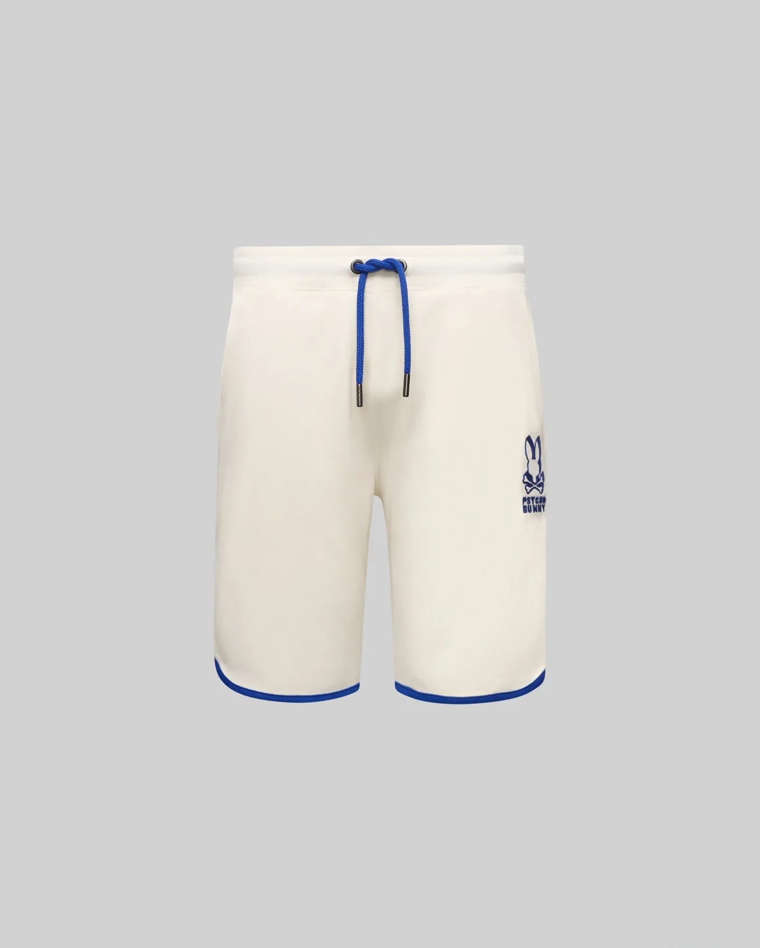 Kids Toby Short, cream relaxed fit French terry shorts with royal blue drawstring, embroidered Psycho Bunny skull logo on right thigh, and royal blue hem trim.