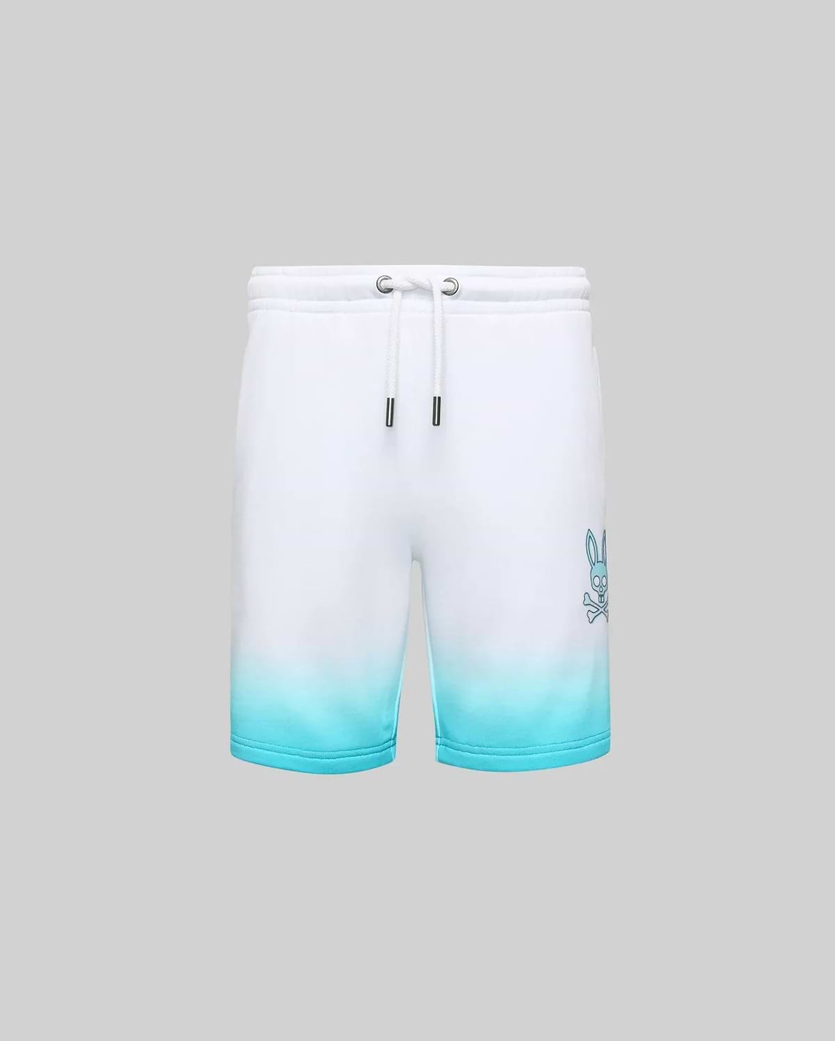 Kids Dax Sweatshort in white French terry with an aqua ombre fade at the hem, featuring a medium-sized embroidered aqua Psycho Bunny skull logo on the right thigh and white drawstrings.