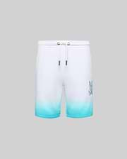 Kids Dax Sweatshort in white French terry with an aqua ombre fade at the hem, featuring a medium-sized embroidered aqua Psycho Bunny skull logo on the right thigh and white drawstrings.