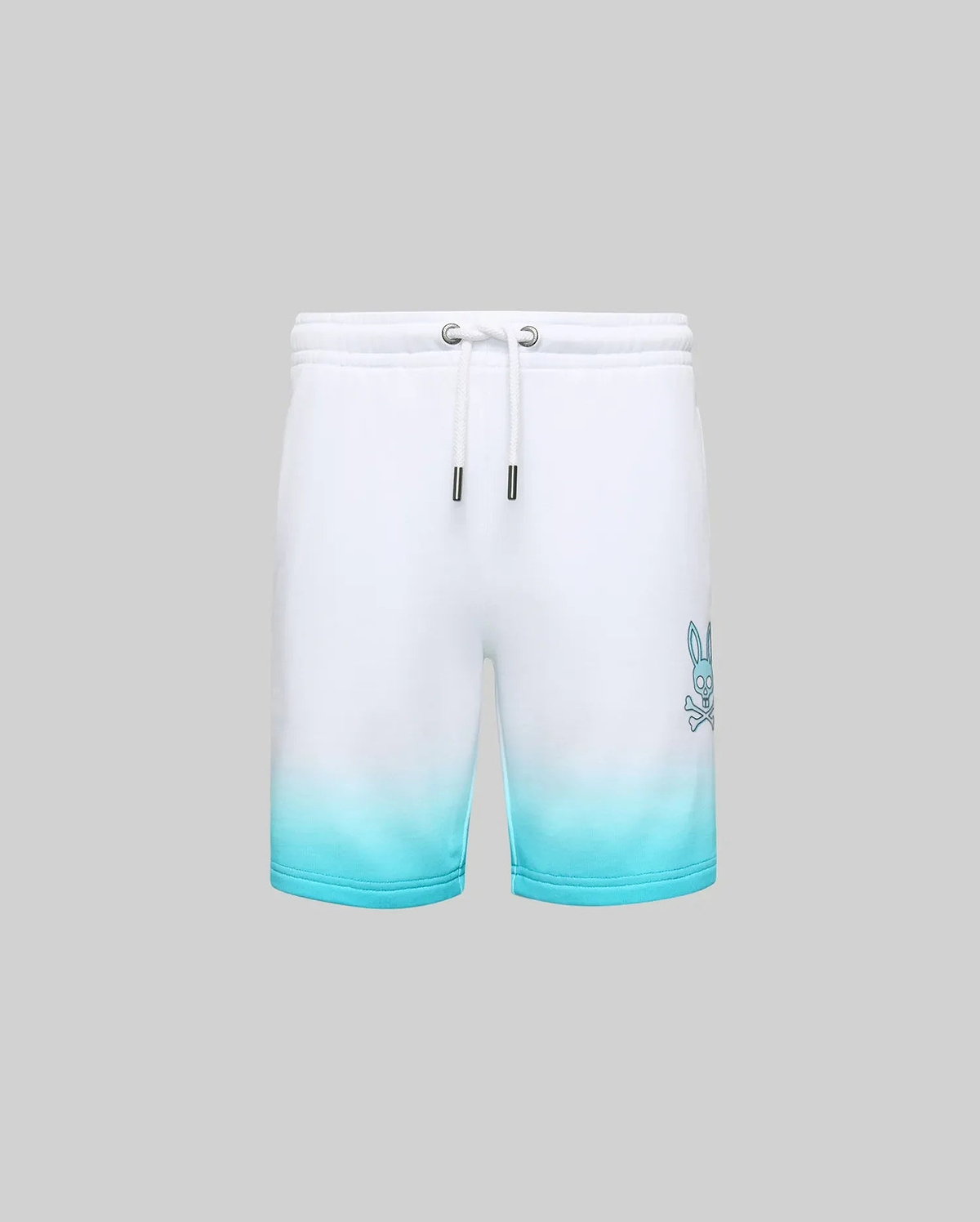 Kids Dax Sweatshort in white French terry with an aqua ombre fade at the hem, featuring a medium-sized embroidered aqua Psycho Bunny skull logo on the right thigh and white drawstrings.