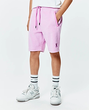 Kids Keith Short, relaxed fit lavender pique shorts with dark purple drawstring, black tips, and small embroidered Psycho Bunny skull logo on the lower left leg. (1)