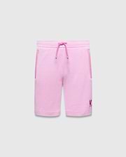 Kids Keith Short, relaxed fit, light pink knit fabric with magenta drawstring, side pocket trim, and small embroidered Psycho Bunny skull logo on the left leg. (6)