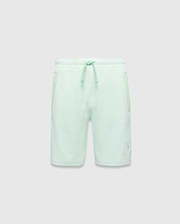 Kids Keith Short 3 1/2, light mint green textured jersey shorts, relaxed fit, with lighter mint green drawstring and side panels, and a small white embroidered Psycho Bunny skull logo on the left leg. (4)