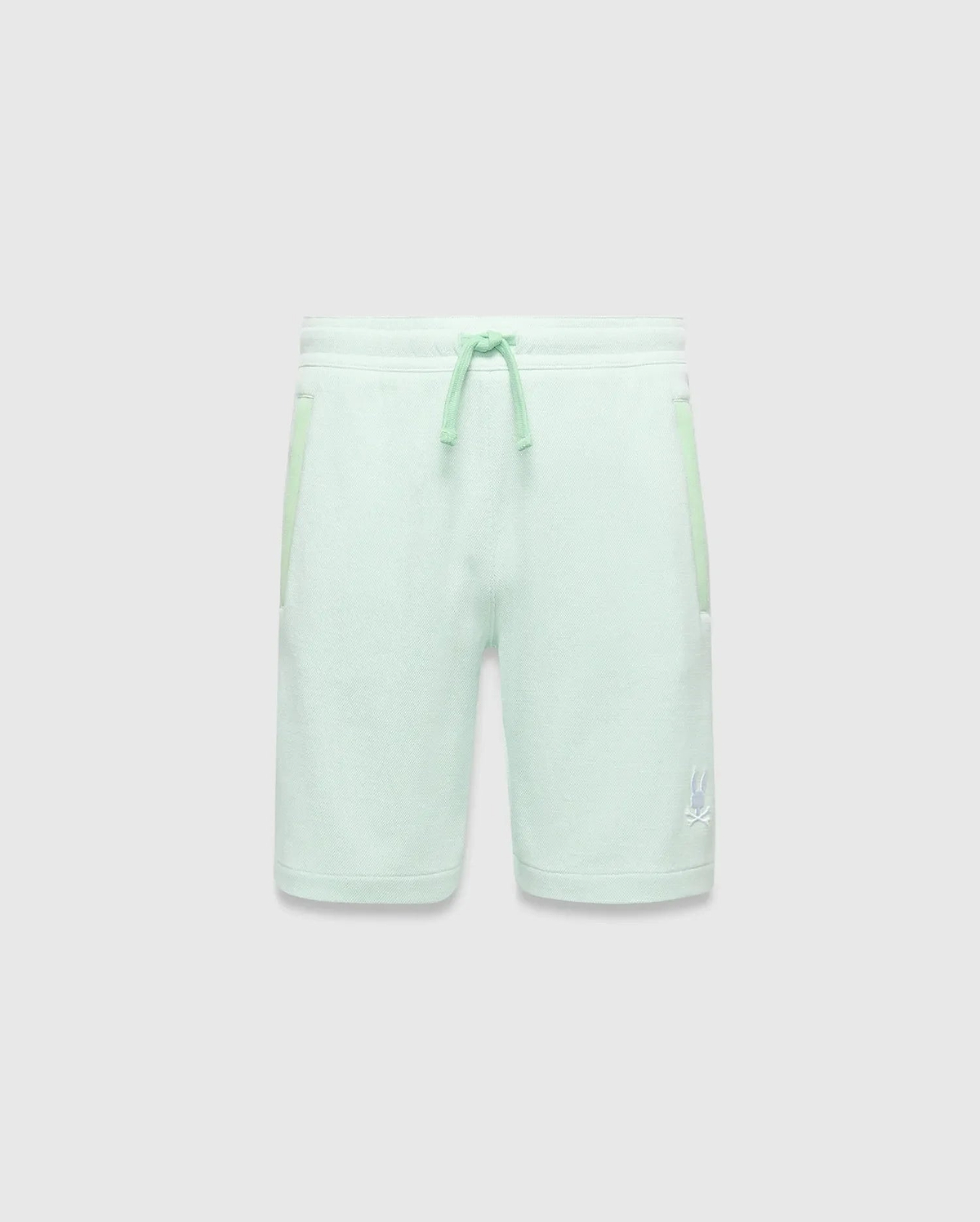 Kids Keith Short 3 1/2, light mint green textured jersey shorts, relaxed fit, with lighter mint green drawstring and side panels, and a small white embroidered Psycho Bunny skull logo on the left leg. (4)