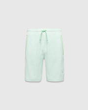 Kids Keith Short 3 1/2, light mint green textured jersey shorts, relaxed fit, with lighter mint green drawstring and side panels, and a small white embroidered Psycho Bunny skull logo on the left leg. (4)