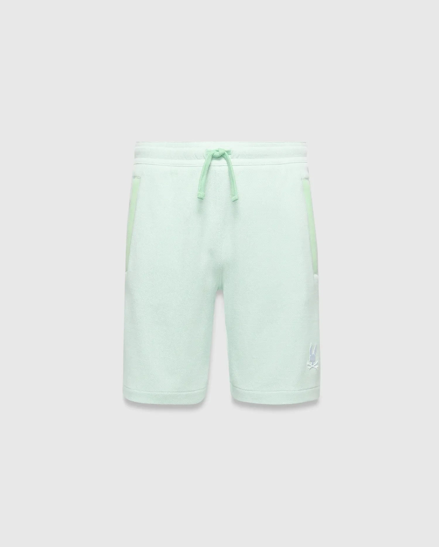 Kids Keith Short 3 1/2, light mint green textured jersey shorts, relaxed fit, with lighter mint green drawstring and side panels, and a small white embroidered Psycho Bunny skull logo on the left leg. (4)