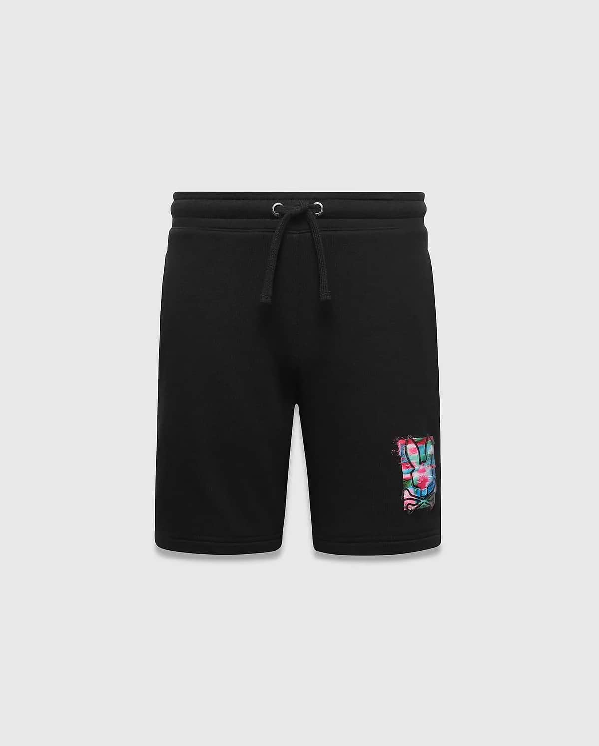 Kids Isaac Print Short, black french terry with a relaxed fit, featuring a vibrant multi-color graffiti Psycho Bunny skull logo print on the left thigh and a drawstring waist.