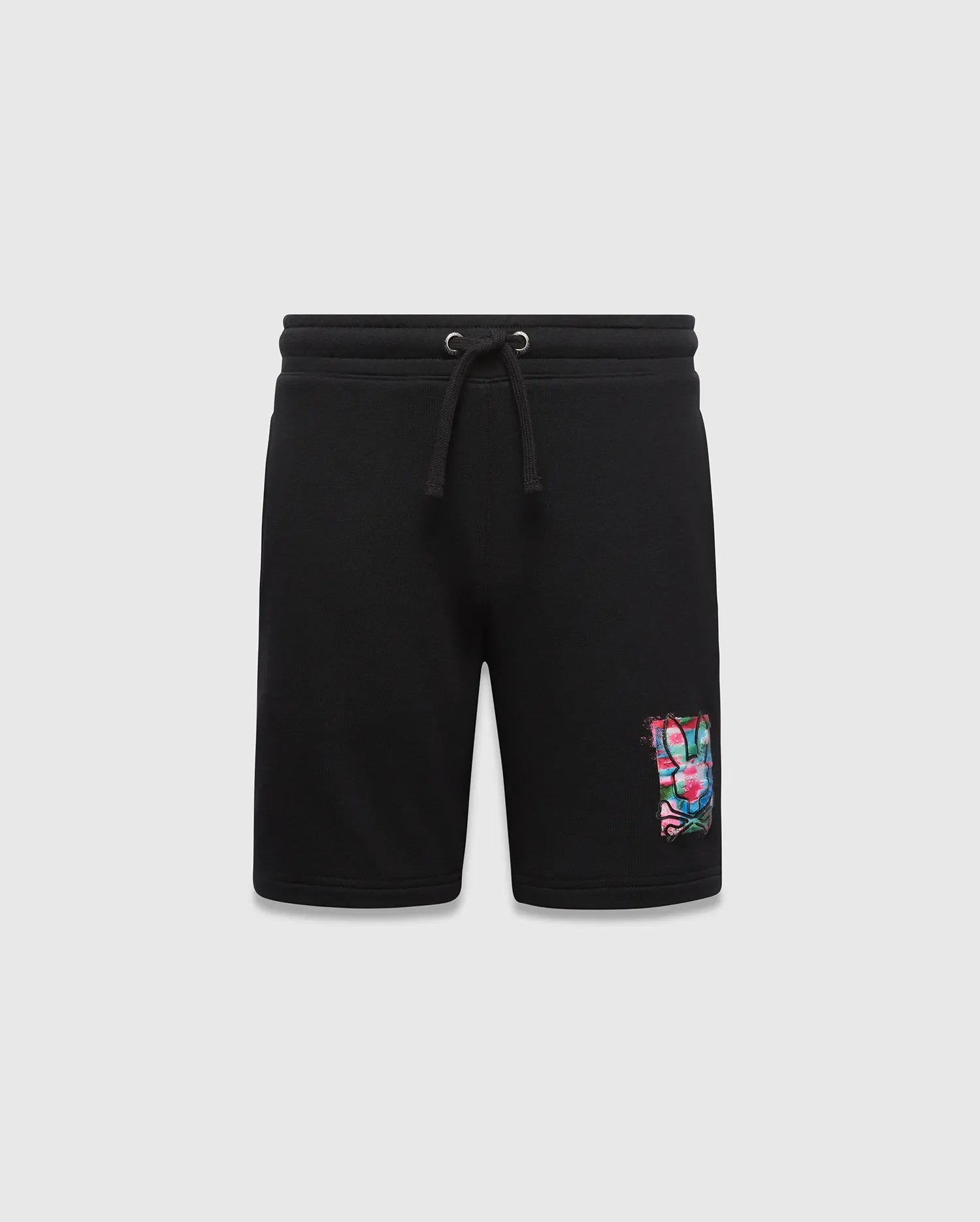 Kids Isaac Print Short, black french terry with a relaxed fit, featuring a vibrant multi-color graffiti Psycho Bunny skull logo print on the left thigh and a drawstring waist.