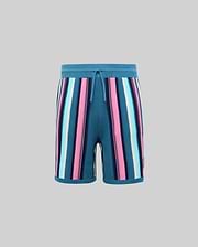 Kids Cliff Knit Short, teal knit shorts with bold vertical stripes in pink, light blue, navy, and white, featuring a ribbed drawstring waistband and relaxed knit fit. (4)