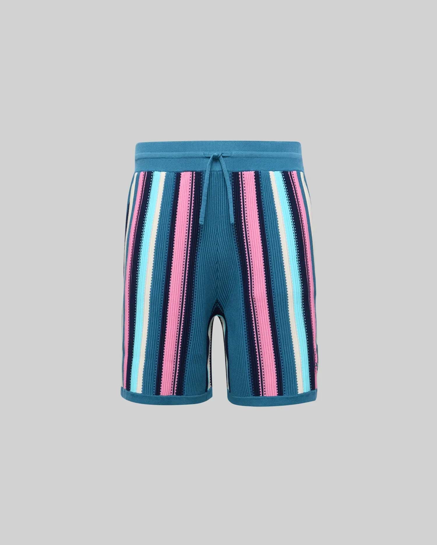 Kids Cliff Knit Short, teal knit shorts with bold vertical stripes in pink, light blue, navy, and white, featuring a ribbed drawstring waistband and relaxed knit fit. (4)