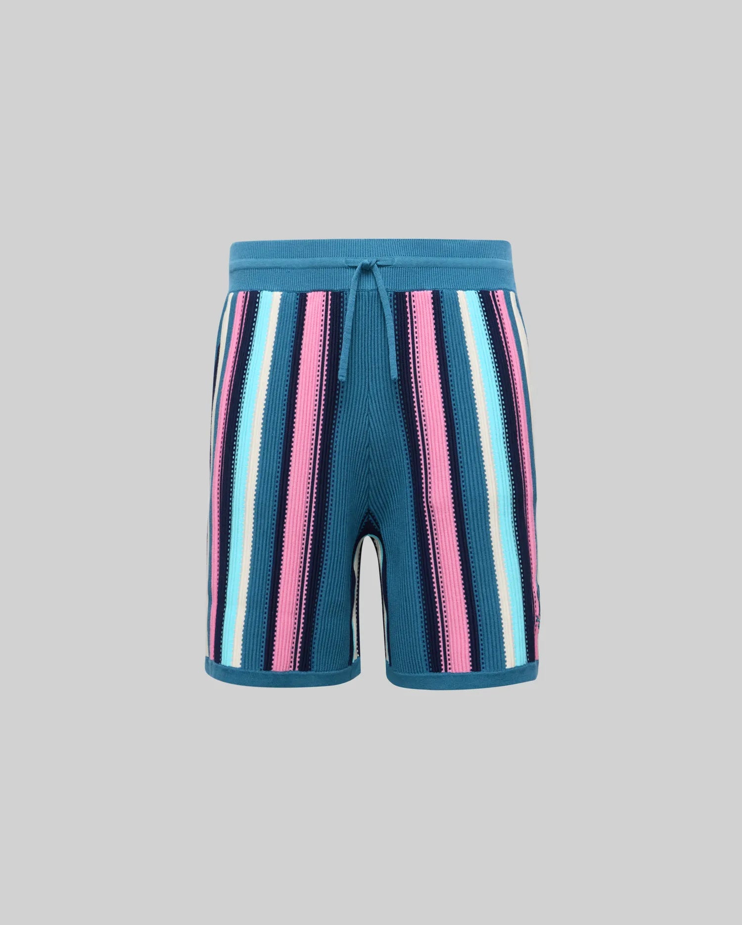 Kids Cliff Knit Short, teal knit shorts with bold vertical stripes in pink, light blue, navy, and white, featuring a ribbed drawstring waistband and relaxed knit fit. (4)