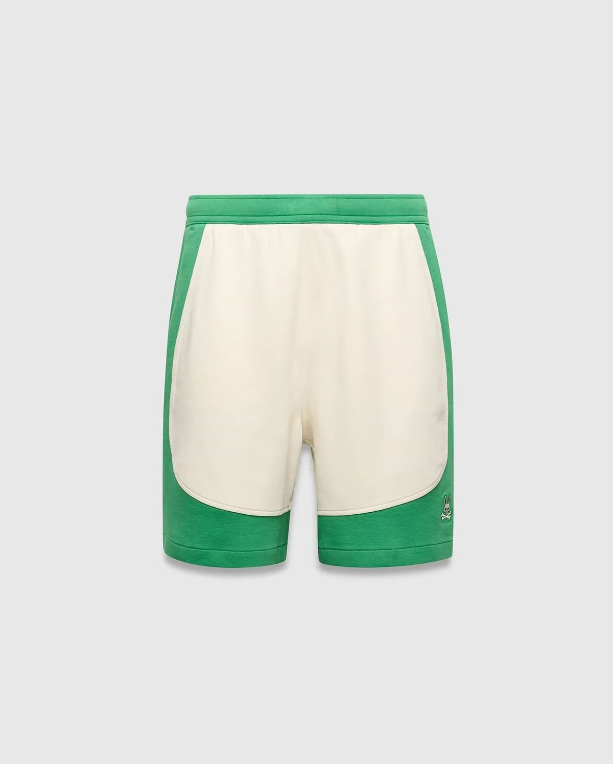 Kids Kelly Short, a relaxed fit green and cream color-block short in soft jersey fabric, featuring a small embroidered Psycho Bunny skull logo on the lower right leg.