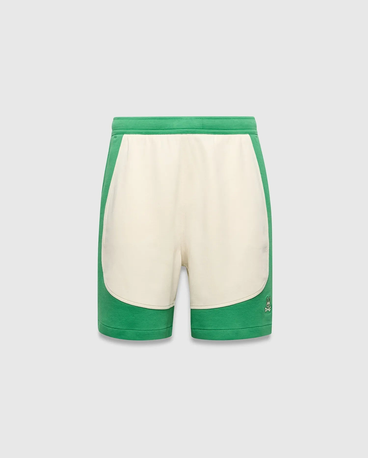 Kids Kelly Short, a relaxed fit green and cream color-block short in soft jersey fabric, featuring a small embroidered Psycho Bunny skull logo on the lower right leg.