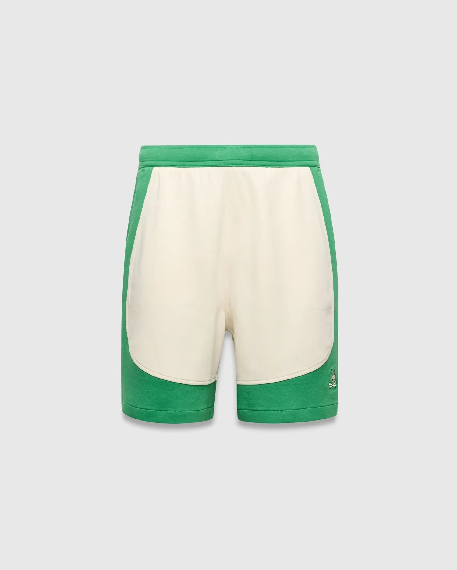Kids Kelly Short, a relaxed fit green and cream color-block short in soft jersey fabric, featuring a small embroidered Psycho Bunny skull logo on the lower right leg.