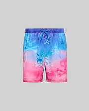 Kids Caspian Swim Trunk featuring a vibrant blue to pink gradient, all-over print of Psycho Bunny skull and crossbones logos, relaxed fit, and a blue drawstring waist.