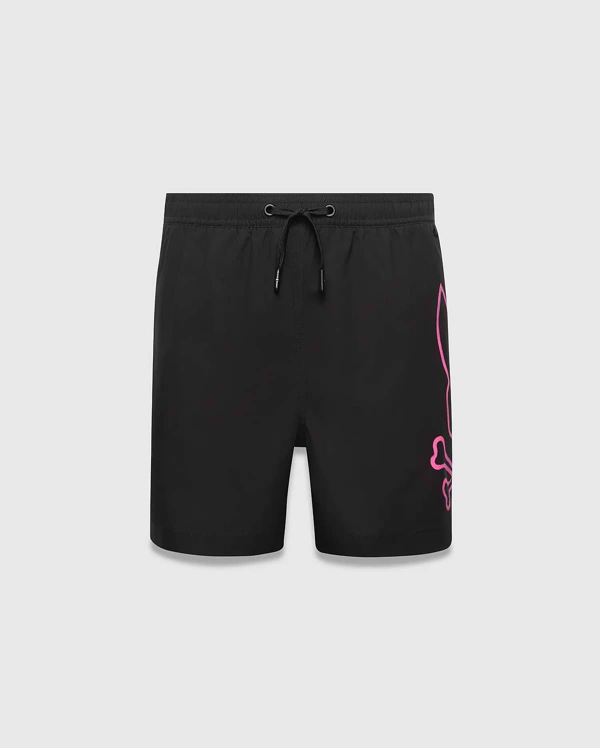 Kids Duncan Bunny Print Swim Trunk, black with a large pink outline bunny skull logo print vertically on the right leg, featuring a classic fit and smooth swim fabric with a drawstring waist.