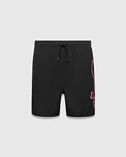 Kids Duncan Bunny Print Swim Trunk, black with a large pink outline bunny skull logo print vertically on the right leg, featuring a classic fit and smooth swim fabric with a drawstring waist.