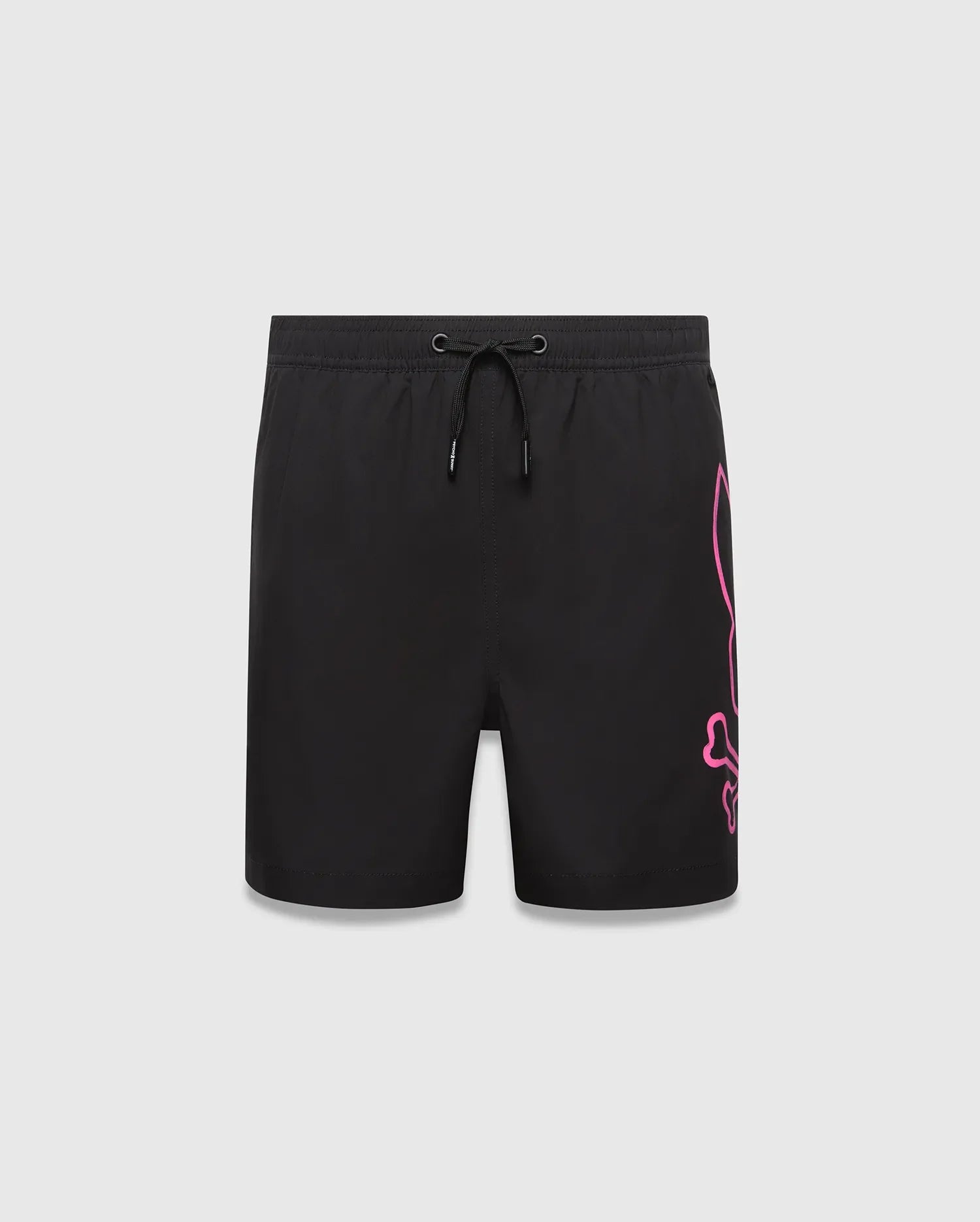 Kids Duncan Bunny Print Swim Trunk, black with a large pink outline bunny skull logo print vertically on the right leg, featuring a classic fit and smooth swim fabric with a drawstring waist.