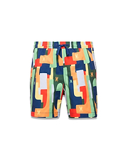 Kids Wes All Over Print Swim Trunk featuring a vibrant multi-color geometric pattern in navy, orange, red, green, and yellow, with small repeated Psycho Bunny skull logos and a blue drawstring. (5)