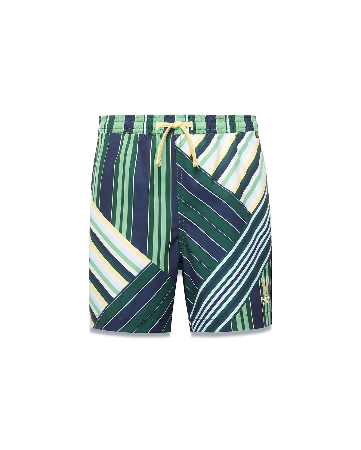 Kids Drew All Over Print Swim Trunk featuring a bold, multi-directional stripe pattern in navy, green, white, and yellow, with a yellow drawstring and a small embroidered gold Psycho Bunny logo on the right leg.
