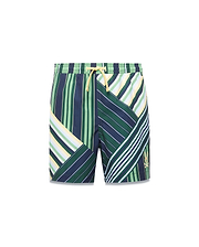 Kids Drew All Over Print Swim Trunk featuring a bold, multi-directional stripe pattern in navy, green, white, and yellow, with a yellow drawstring and a small embroidered gold Psycho Bunny logo on the right leg.