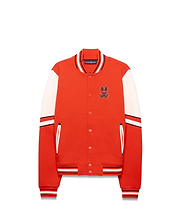 Kids Joey Knit Bomber in red with white sleeves, classic fit, ribbed striped collar, cuffs, and hem, snap button closure, and an embroidered Psycho Bunny skull logo on the left chest.