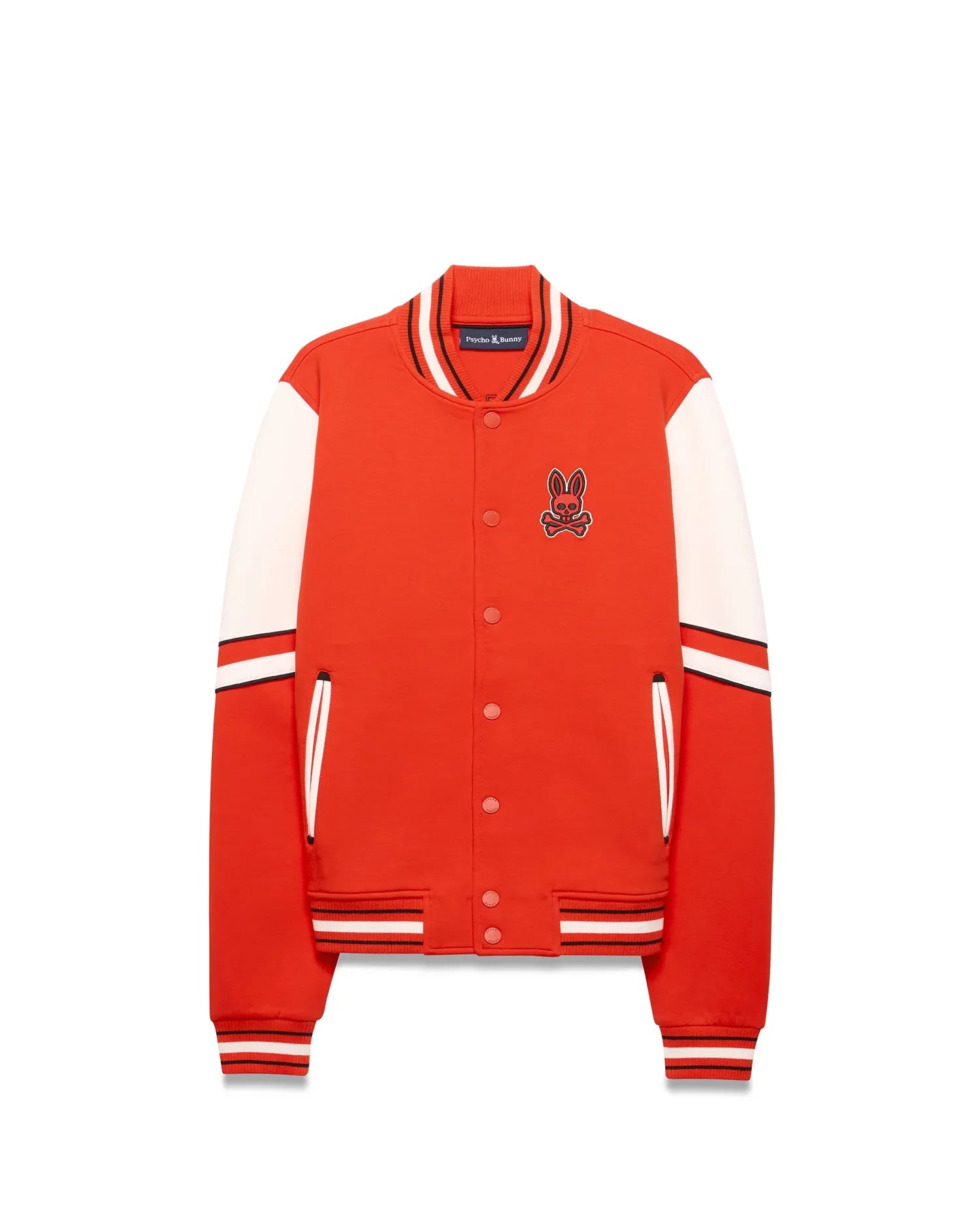 Kids Joey Knit Bomber in red with white sleeves, classic fit, ribbed striped collar, cuffs, and hem, snap button closure, and an embroidered Psycho Bunny skull logo on the left chest.