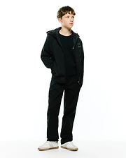 Black Kids Gordley Mix Media Jacket, a regular fit hooded full-zip jacket with smooth body and jersey sleeves, featuring a small embroidered white Psycho Bunny skull logo on the left chest.
