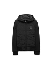 Kids Gordley Mix Media Jacket, a black hooded full-zip jacket with a quilted front panel, smooth sleeves, ribbed cuffs and hem, featuring a small embroidered Psycho Bunny skull logo on the left chest.