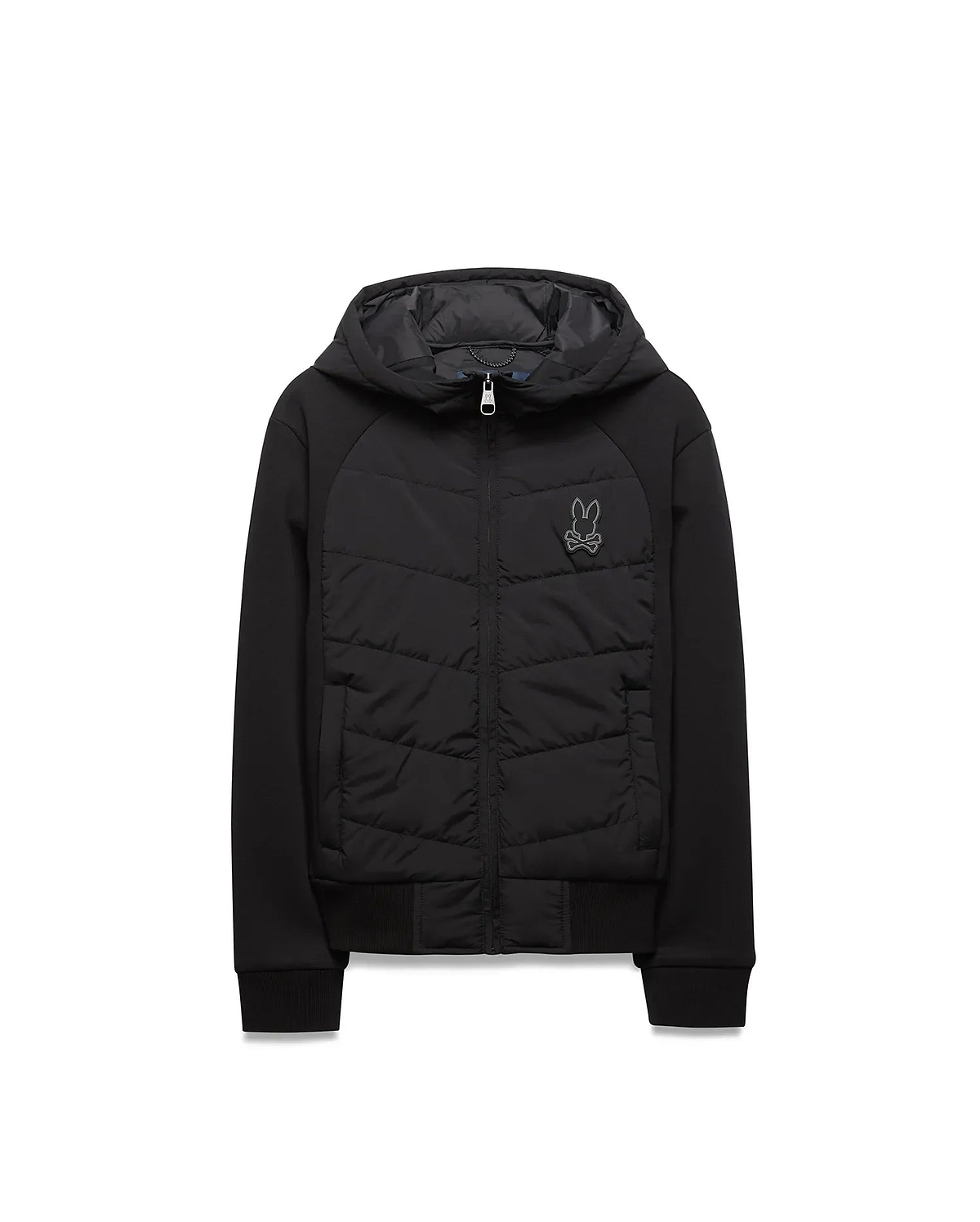 Kids Gordley Mix Media Jacket, a black hooded full-zip jacket with a quilted front panel, smooth sleeves, ribbed cuffs and hem, featuring a small embroidered Psycho Bunny skull logo on the left chest.