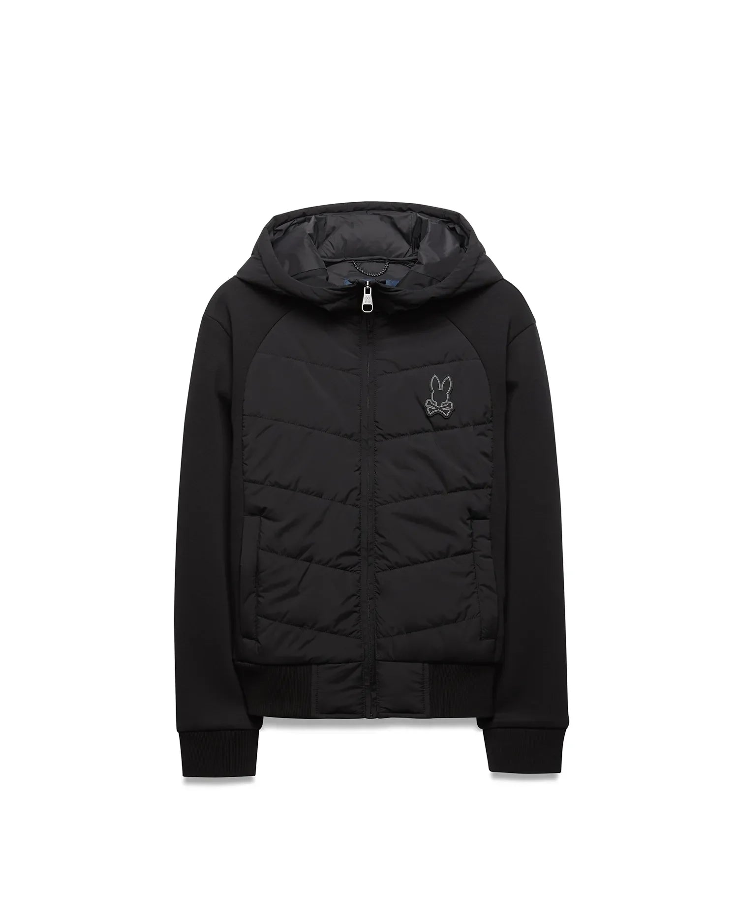 Kids Gordley Mix Media Jacket, a black hooded full-zip jacket with a quilted front panel, smooth sleeves, ribbed cuffs and hem, featuring a small embroidered Psycho Bunny skull logo on the left chest.