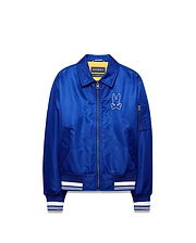 Kids Nathaniel Satin Coach Jacket in vibrant blue satin with a relaxed fit, featuring a white embroidered Psycho Bunny skull logo on the left chest, white striped ribbed cuffs and hem, and a full zip closure. (5)